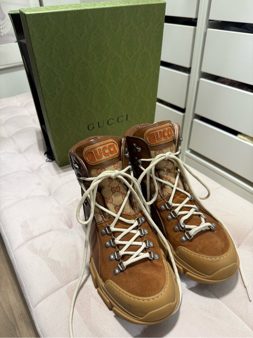 Gucci Brown Suede & GG Monogram Hiking Boots with Cream Laces